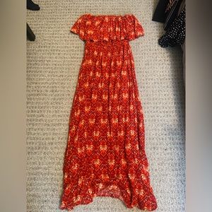 Strapless maxi dress, fold over ruffle detail